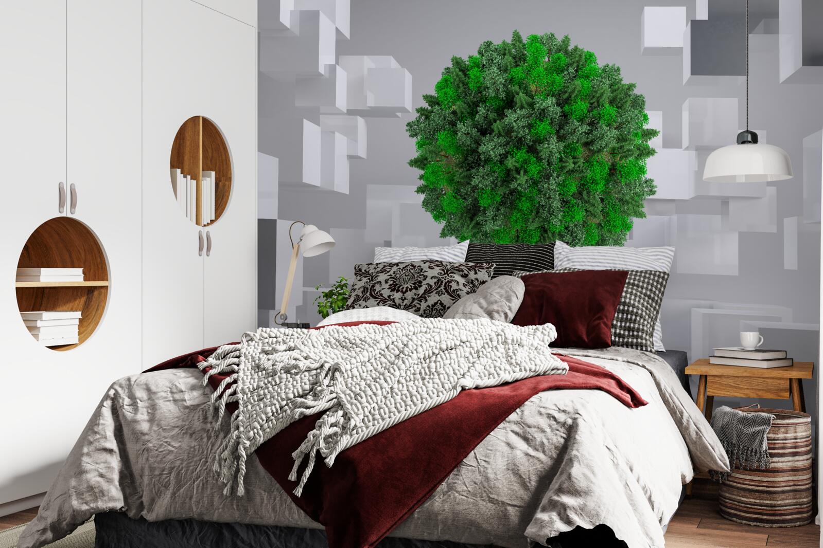 Papier peint carte géométrique recouverte d'un manteau vert de plantes