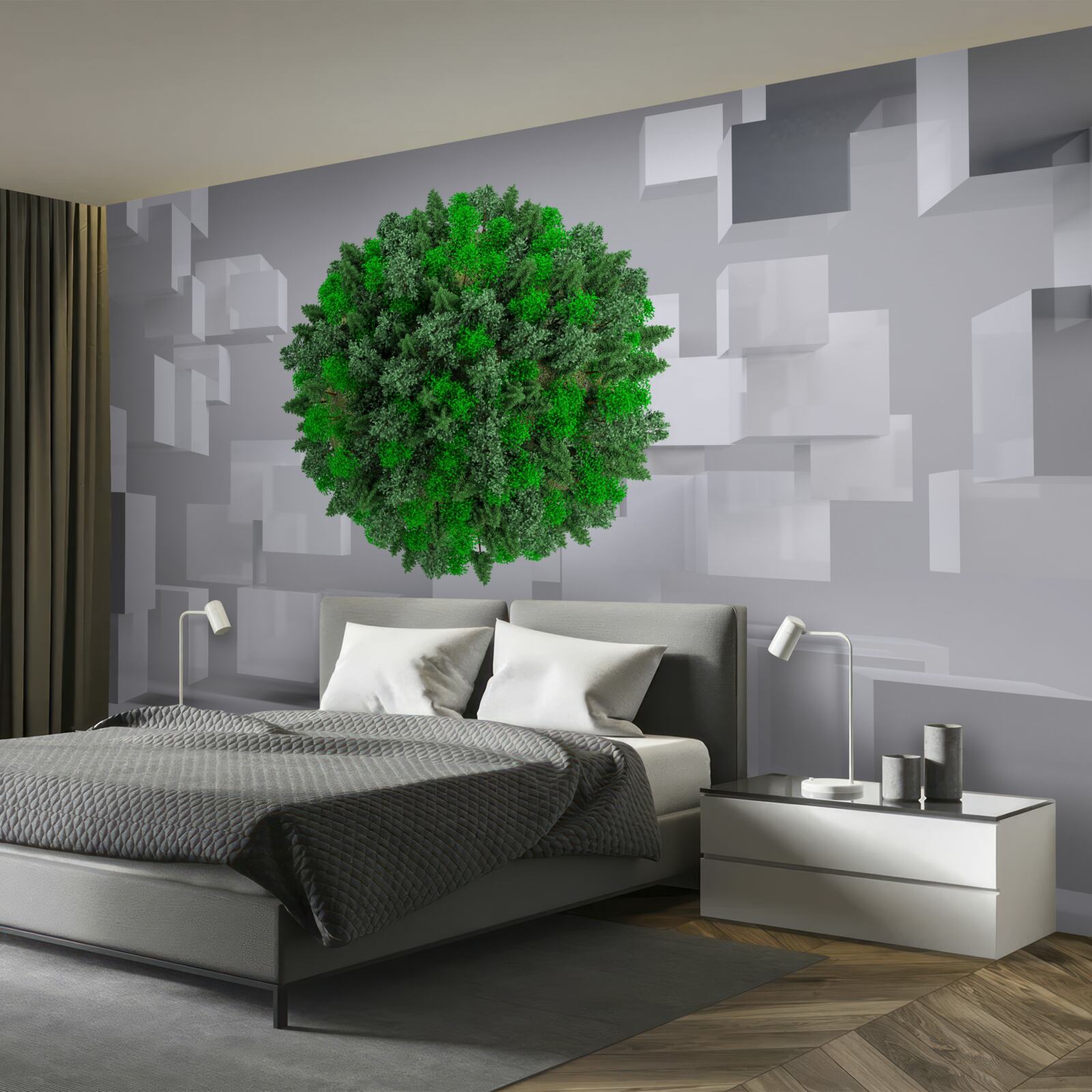 Papier peint carte géométrique recouverte d'un manteau vert de plantes