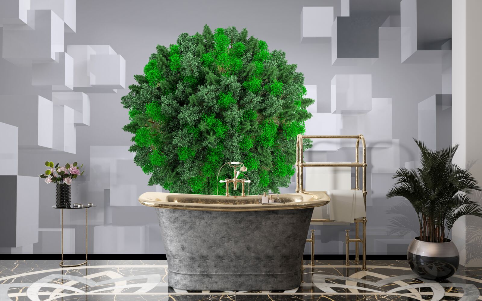 Papier peint carte géométrique recouverte d'un manteau vert de plantes