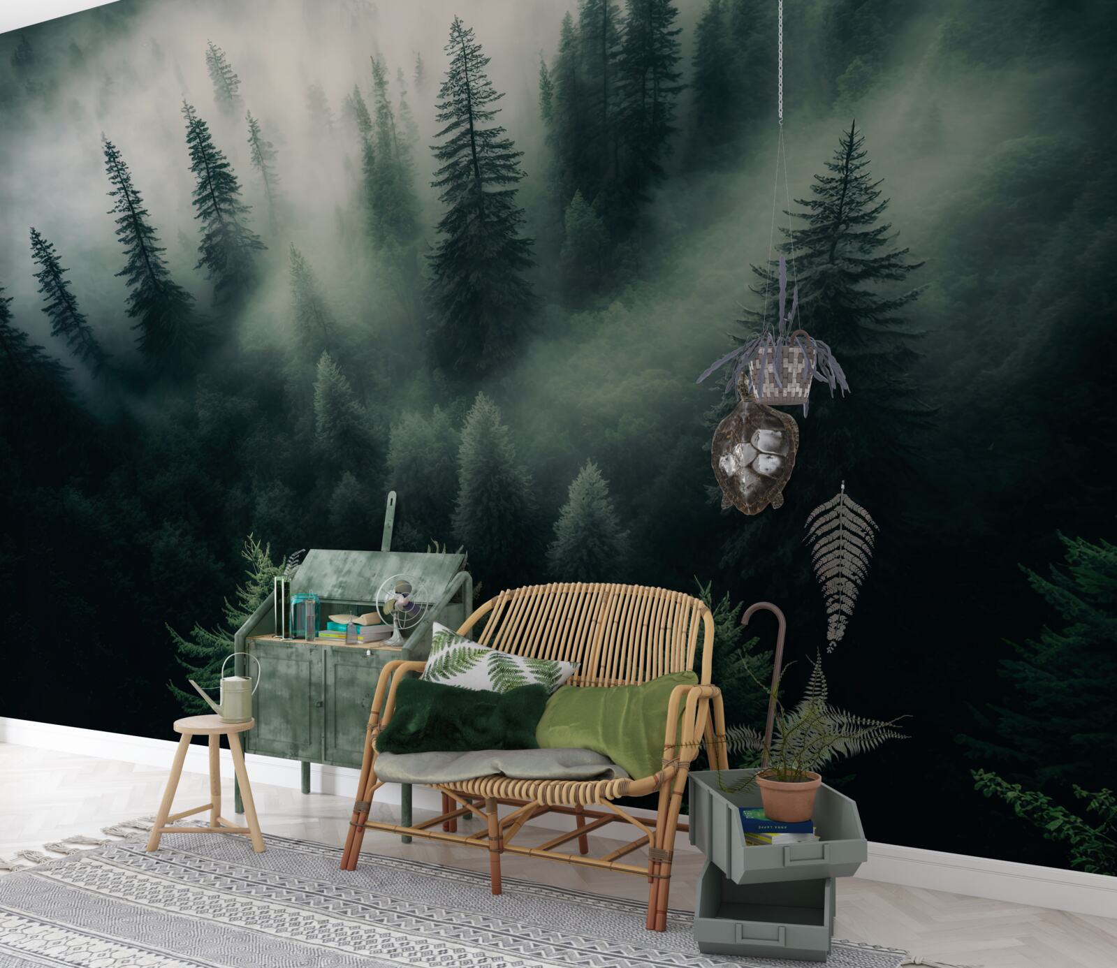 Papier peint brouillard dans un coin de pin lugubre