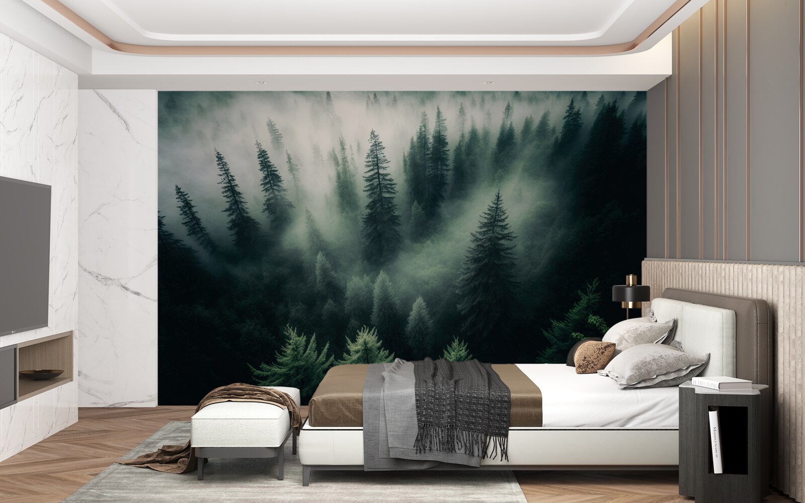 Papier peint brouillard dans un coin de pin lugubre