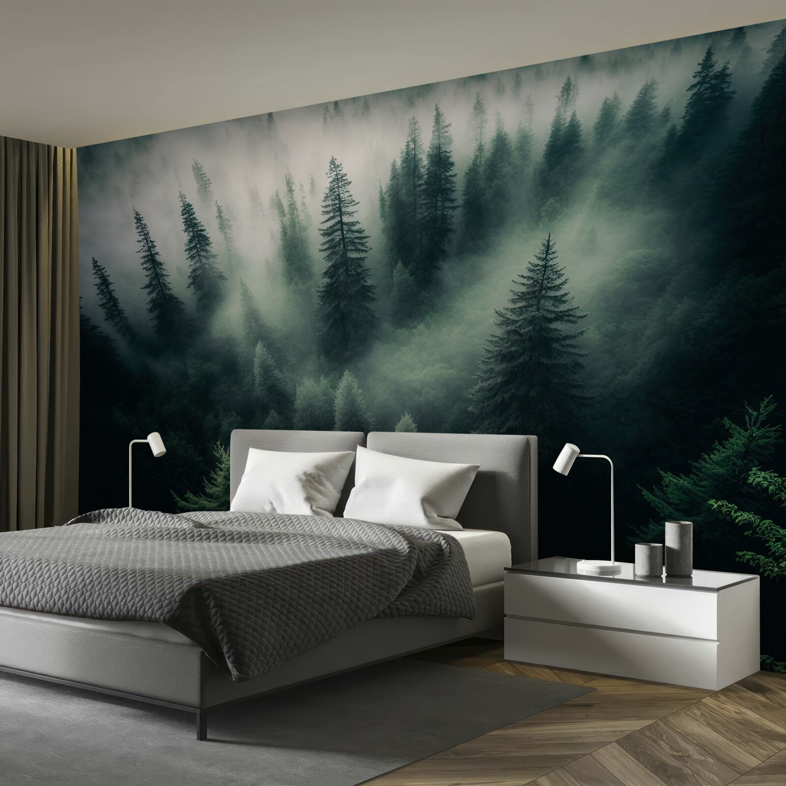 Papier peint brouillard dans un coin de pin lugubre