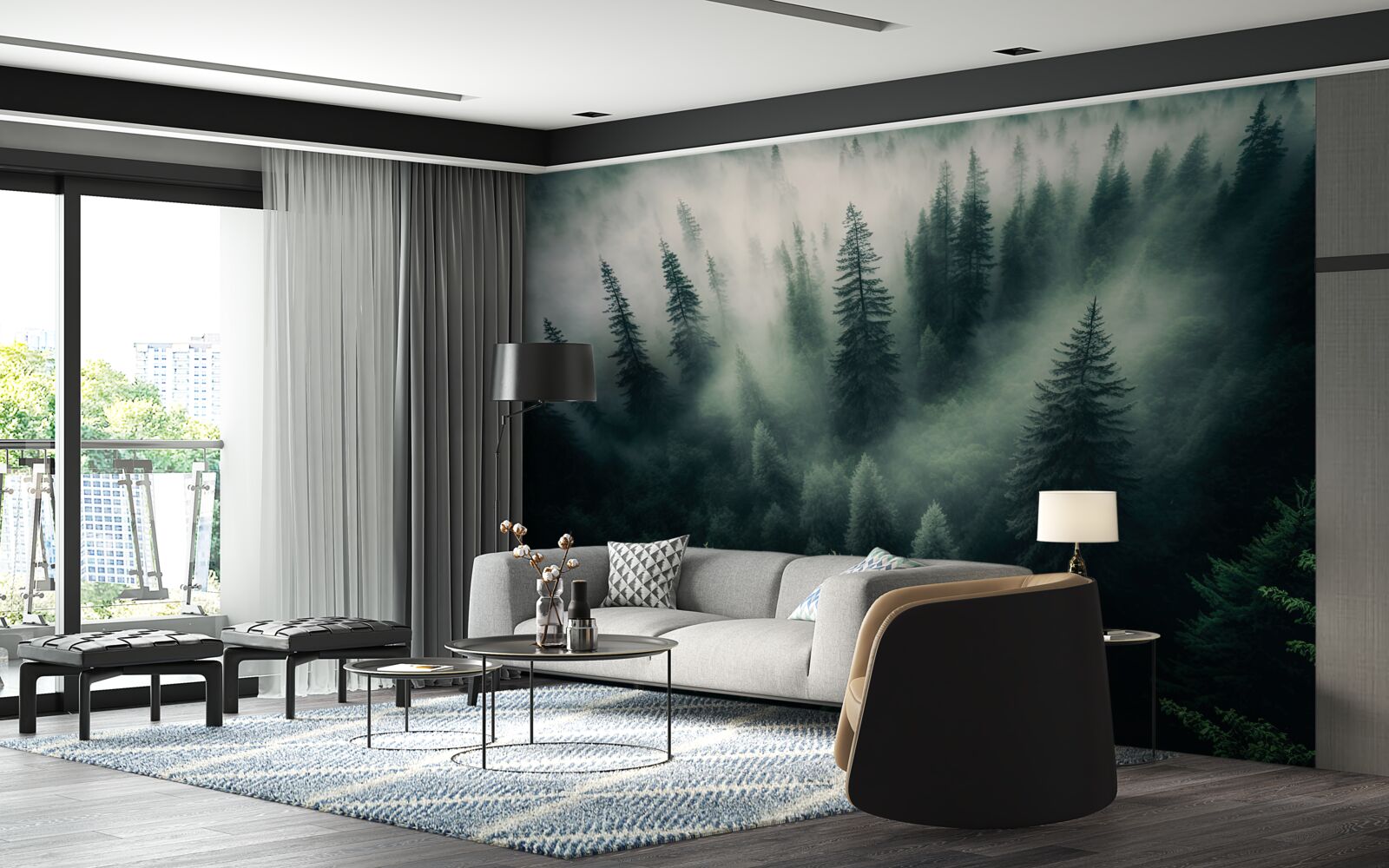 Papier peint brouillard dans un coin de pin lugubre