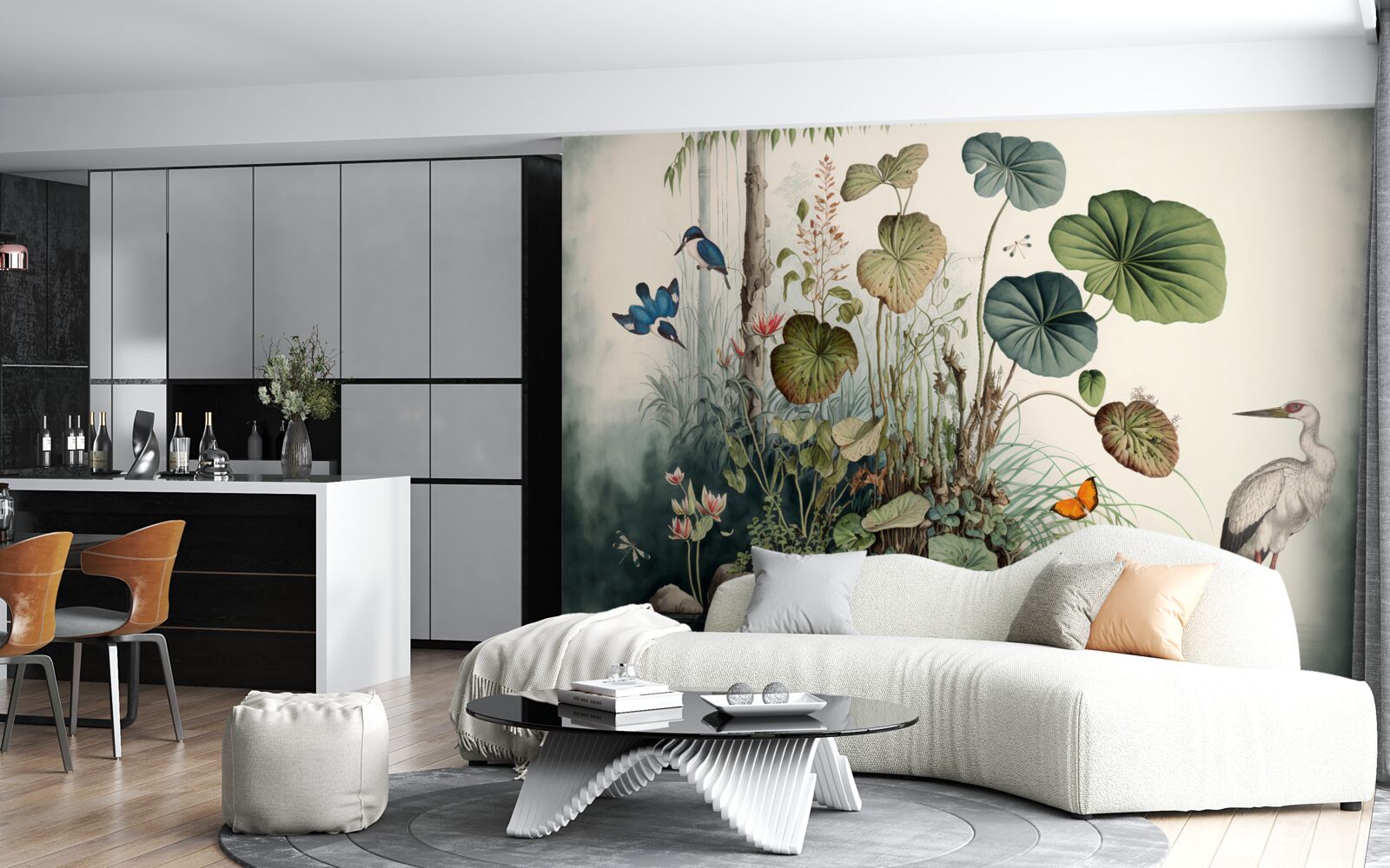 Papier peint une île isolée dans le lac sur laquelle se trouve une grue