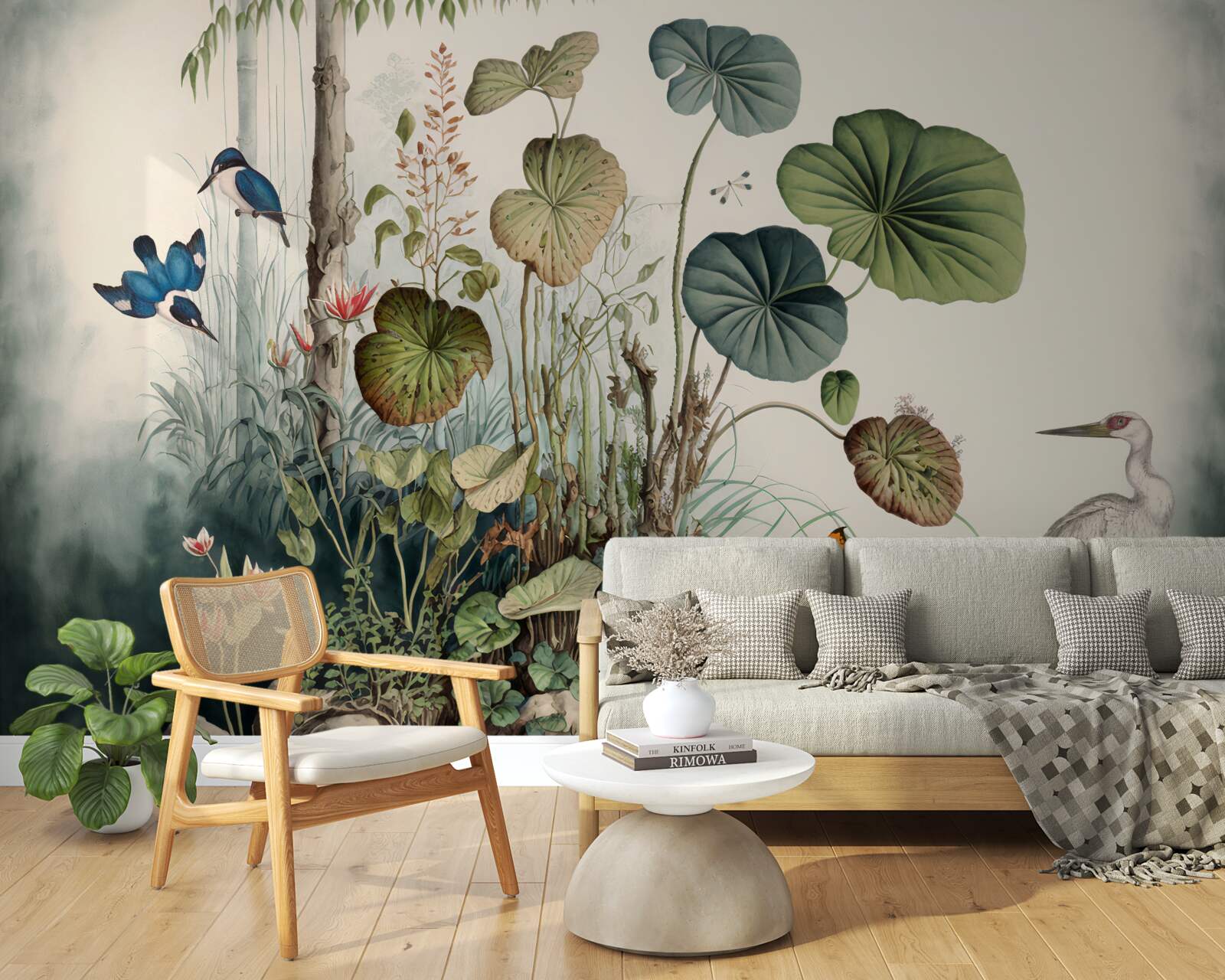 Papier peint une île isolée dans le lac sur laquelle se trouve une grue