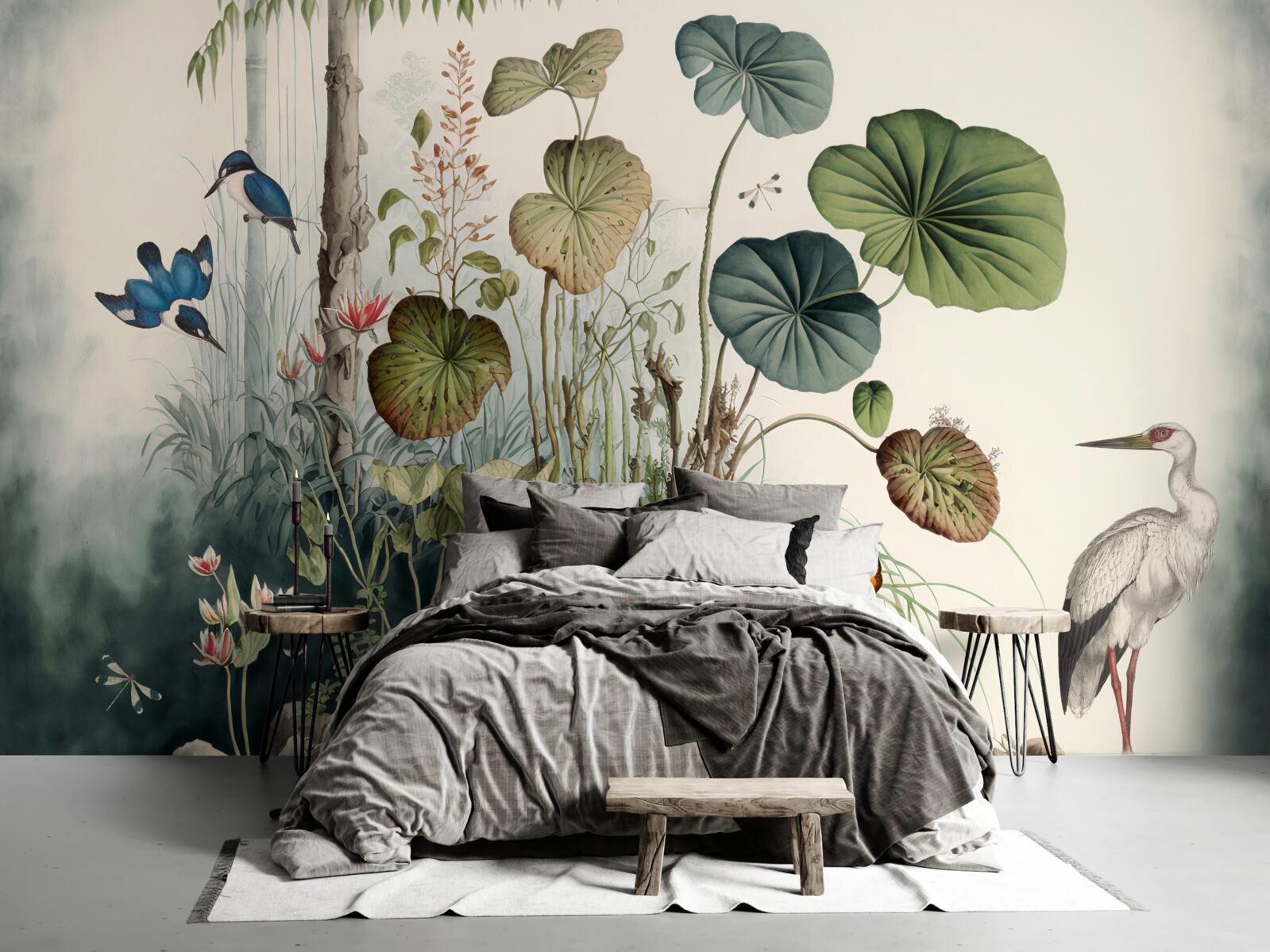 Papier peint une île isolée dans le lac sur laquelle se trouve une grue