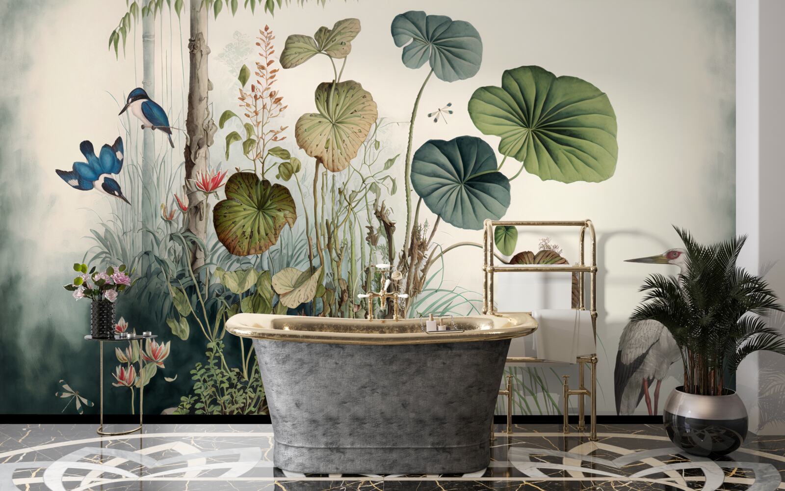 Papier peint une île isolée dans le lac sur laquelle se trouve une grue