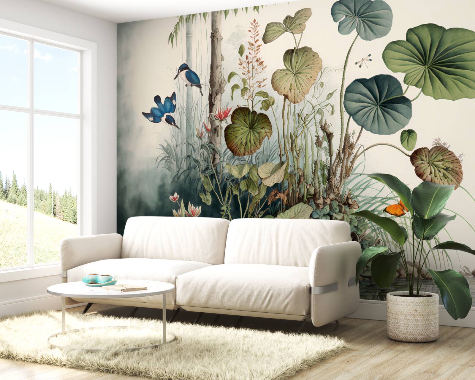 Papier peint une île isolée dans le lac sur laquelle se trouve une grue