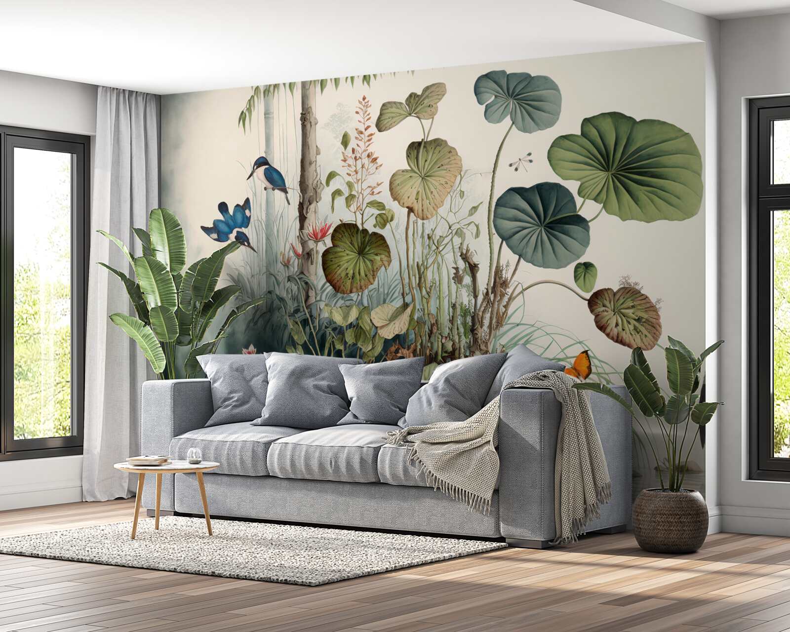 Papier peint une île isolée dans le lac sur laquelle se trouve une grue