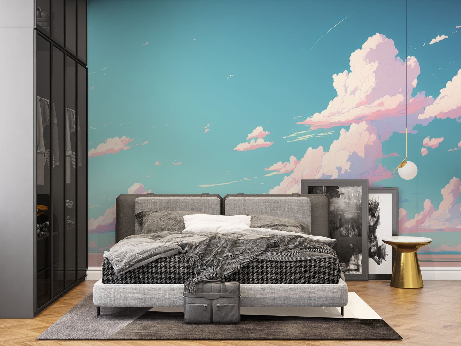 Papier peint le ciel bleu est décoré de nuages roses