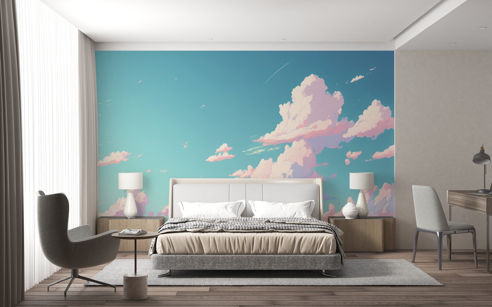 Papier peint le ciel bleu est décoré de nuages roses
