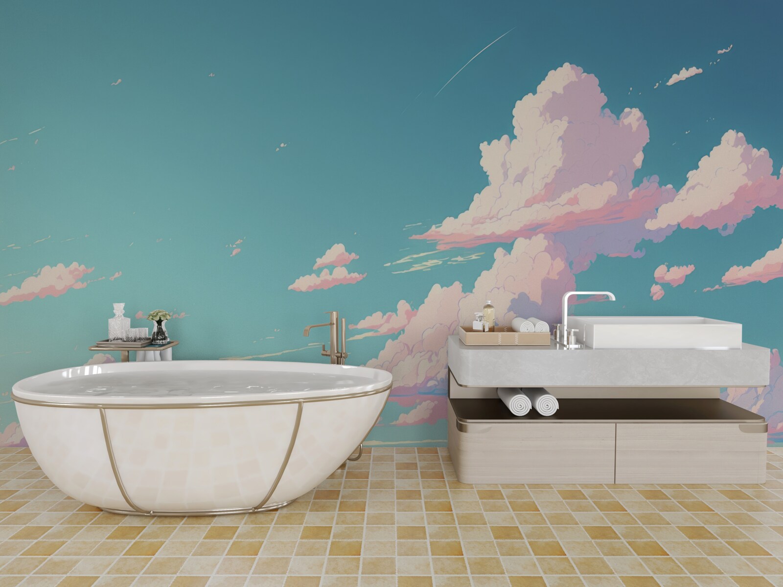 Papier peint le ciel bleu est décoré de nuages roses