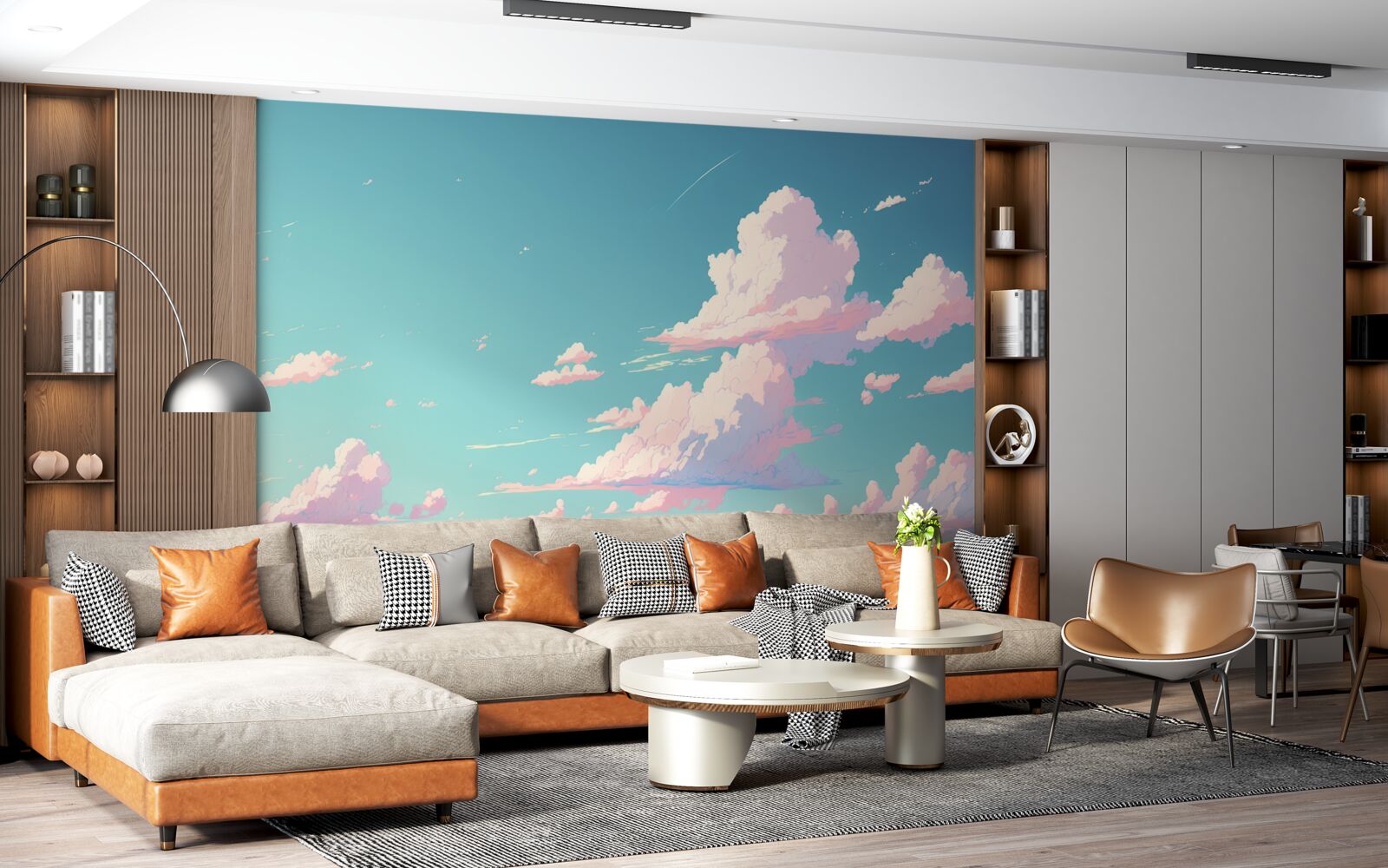 Papier peint le ciel bleu est décoré de nuages roses