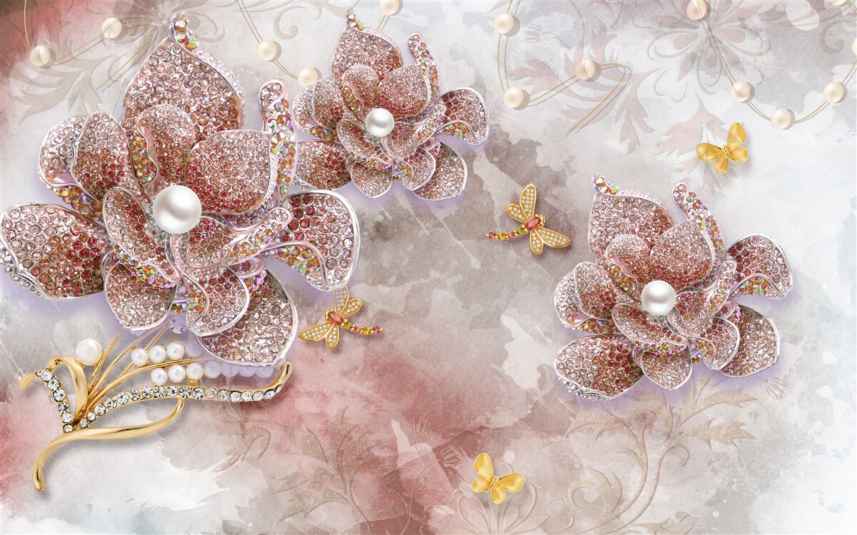 Papier peint boutons de fleurs en pierres rouges et nacre