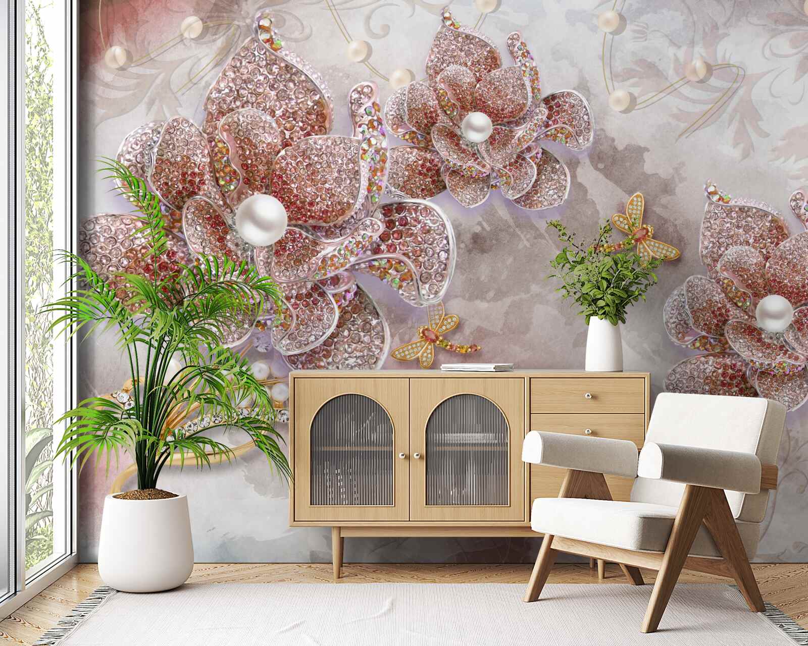 Papier peint boutons de fleurs en pierres rouges et nacre