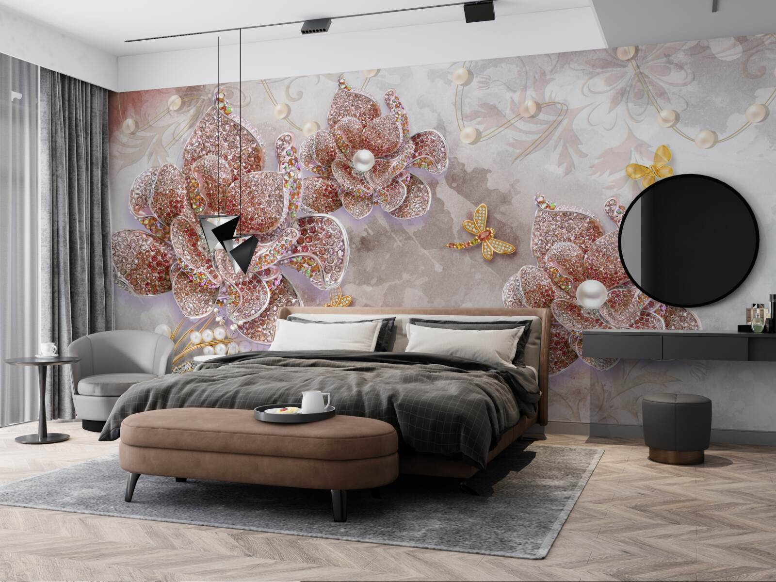 Papier peint boutons de fleurs en pierres rouges et nacre