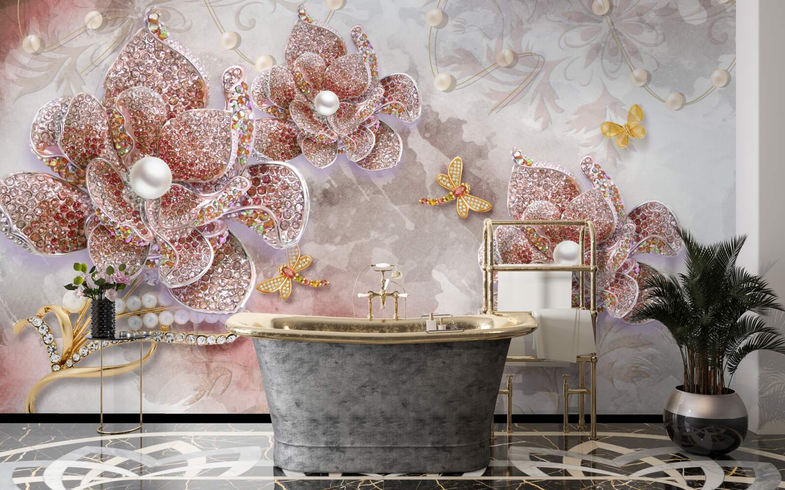 Papier peint boutons de fleurs en pierres rouges et nacre