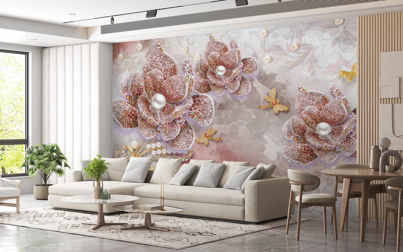 Papier peint boutons de fleurs en pierres rouges et nacre