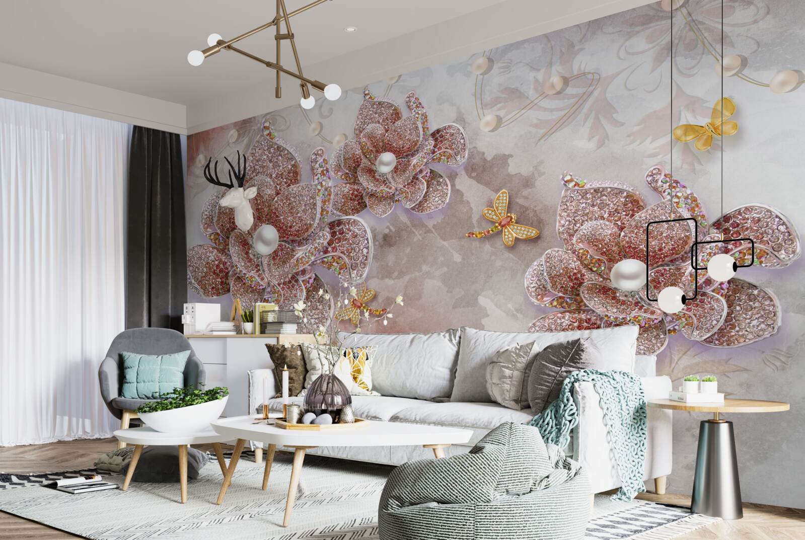 Papier peint boutons de fleurs en pierres rouges et nacre