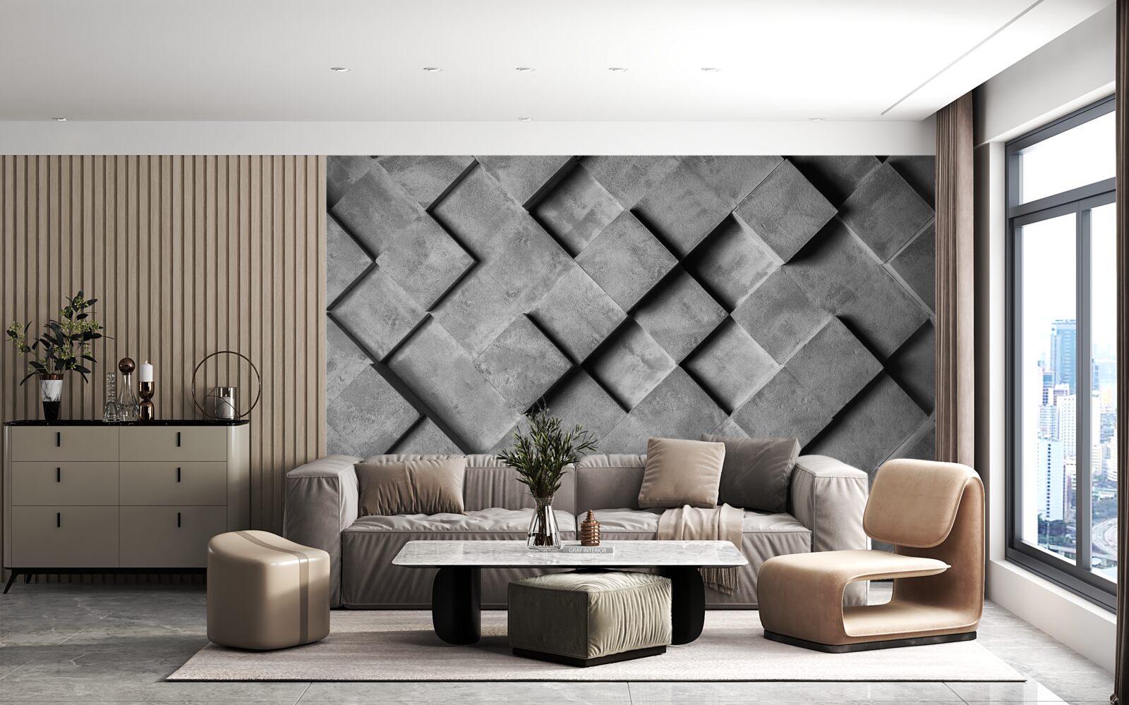 Papier peint rectangles 3D en gris