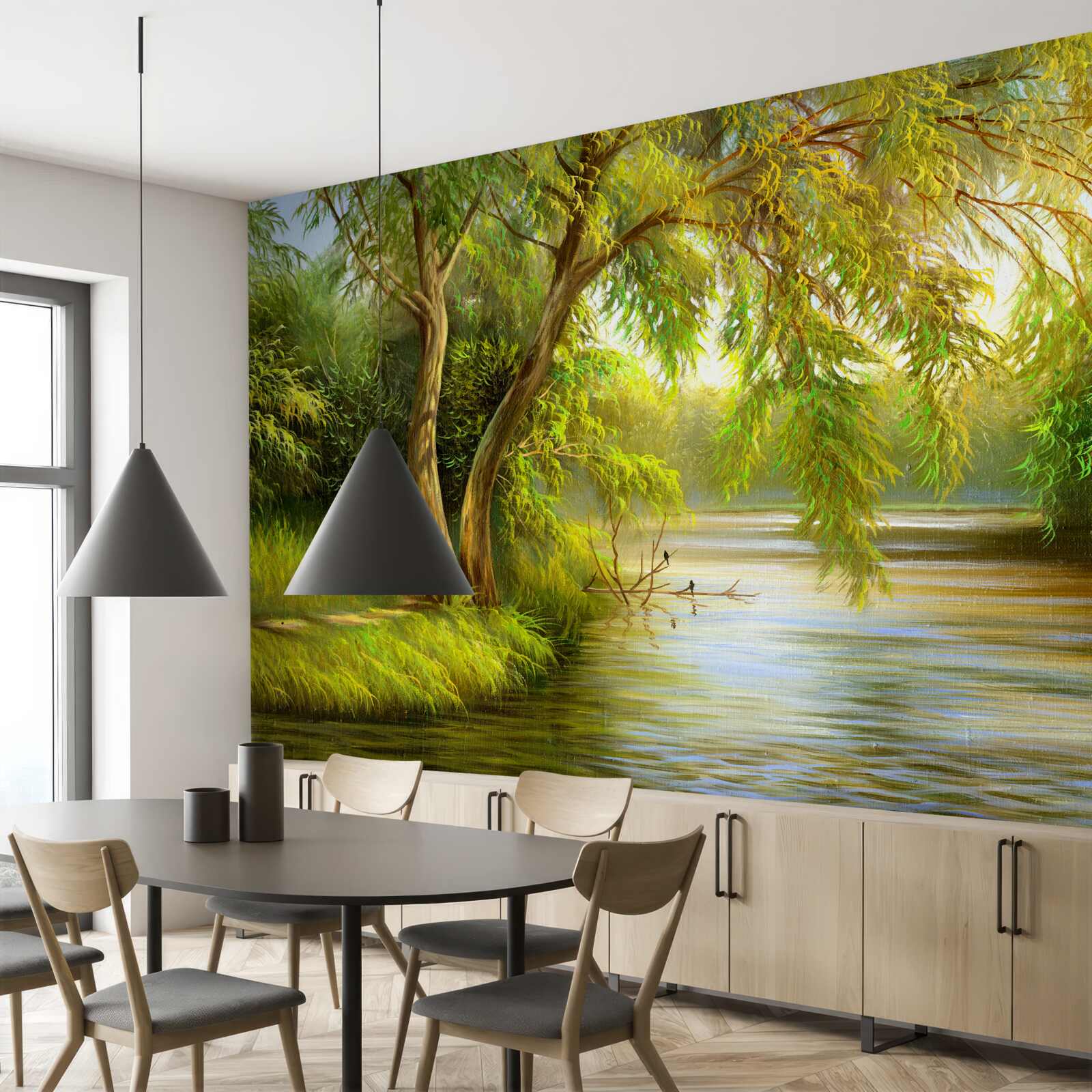 Papier peint en été, le saule se penche tristement sur l'eau