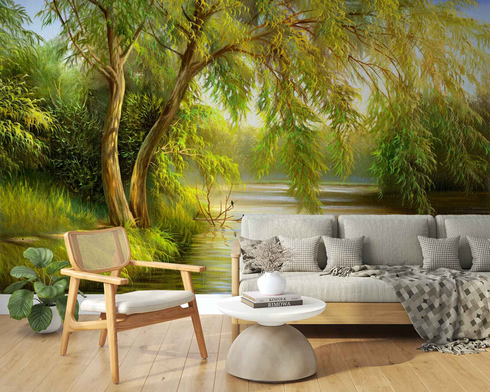 Papier peint en été, le saule se penche tristement sur l'eau