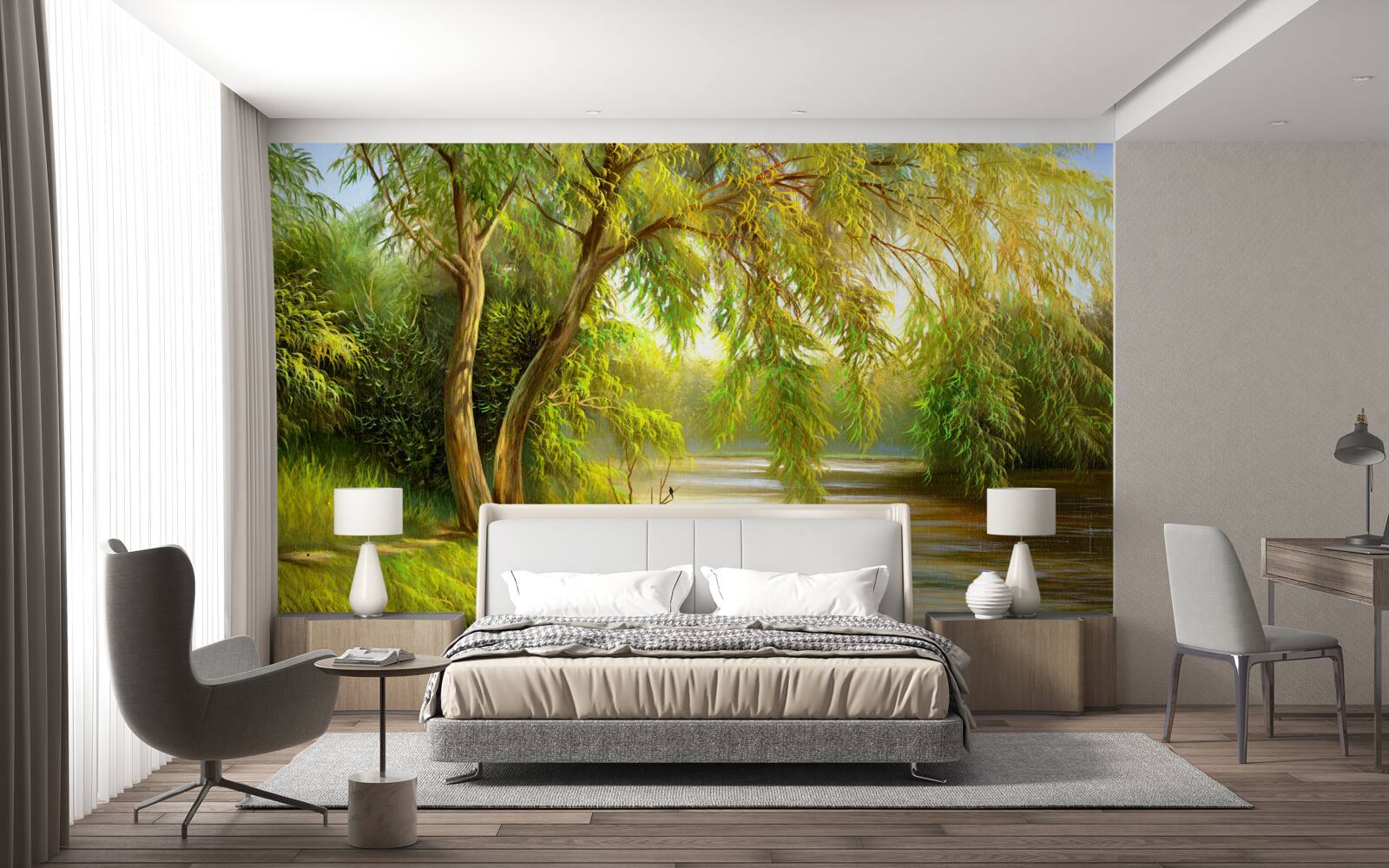 Papier peint en été, le saule se penche tristement sur l'eau