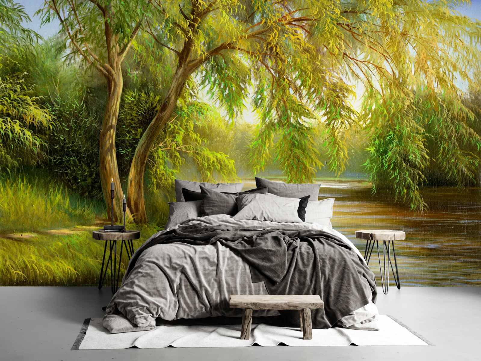 Papier peint en été, le saule se penche tristement sur l'eau