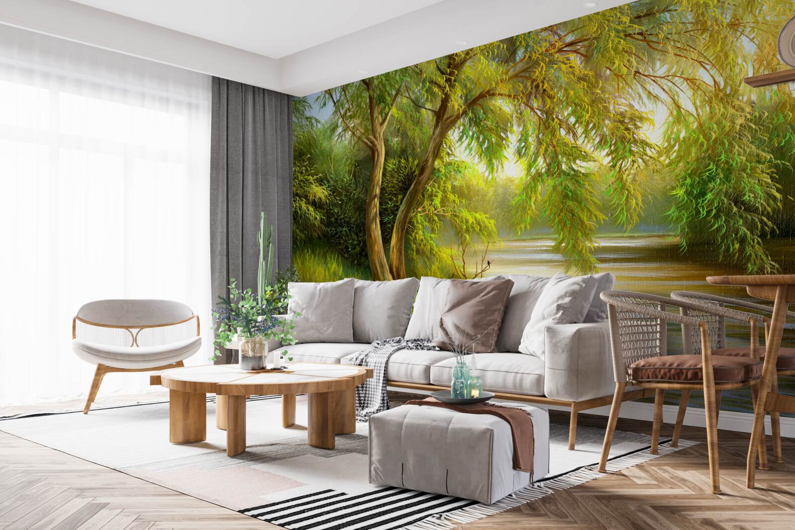 Papier peint en été, le saule se penche tristement sur l'eau