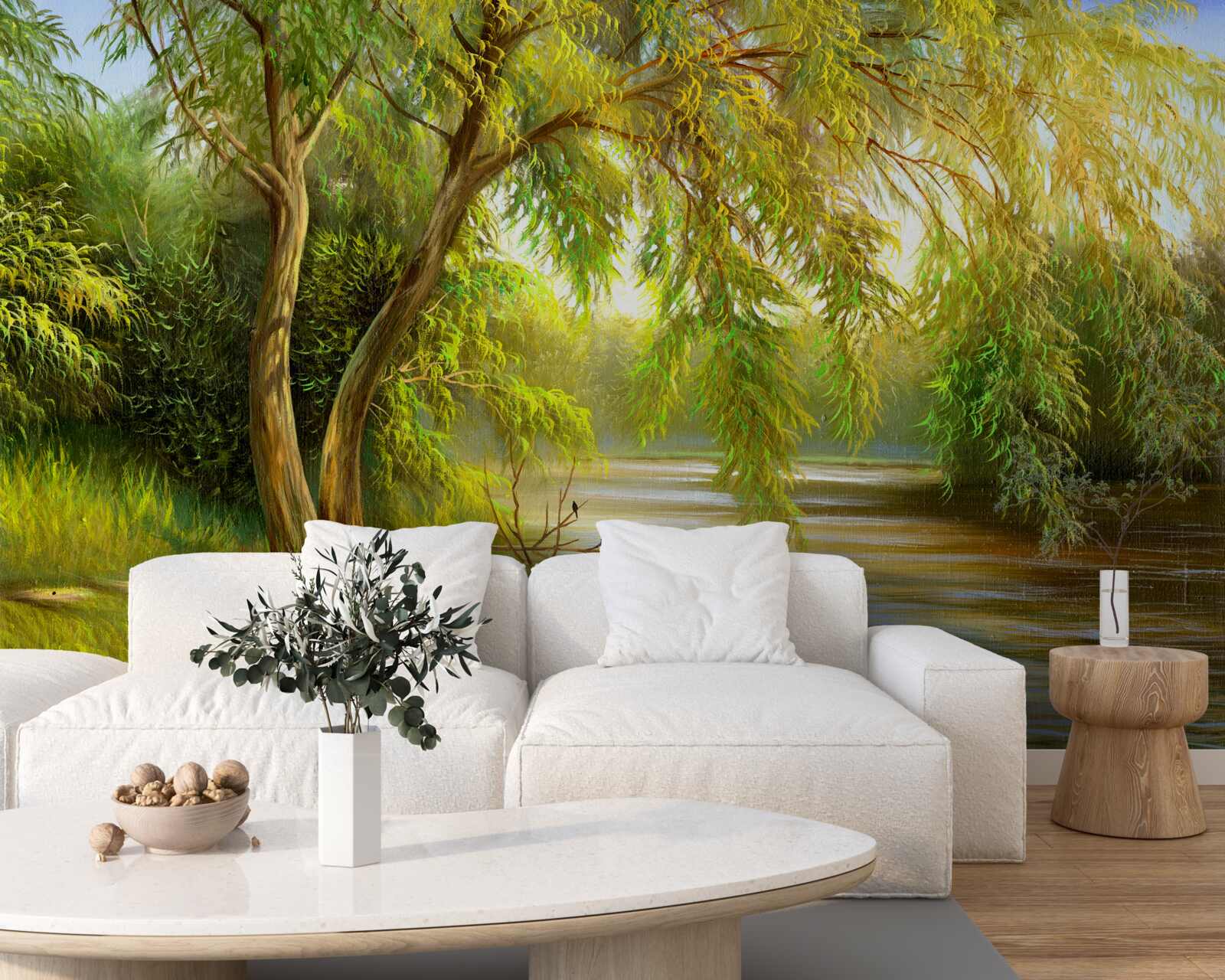 Papier peint en été, le saule se penche tristement sur l'eau