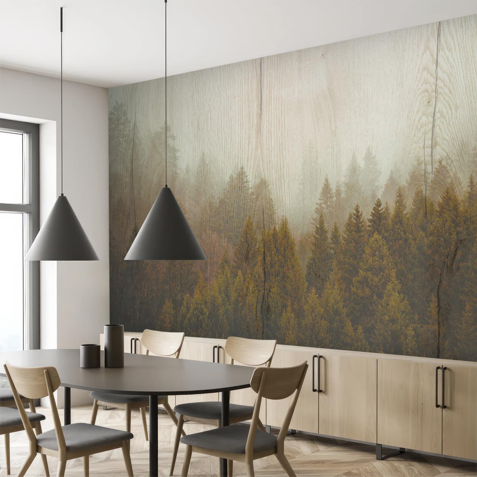 Papier peint forêt brumeuse en automne