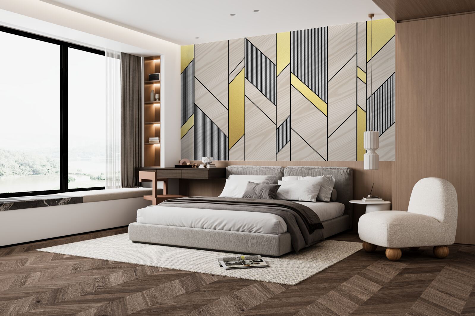 Papier peint lgolines verticales dorées