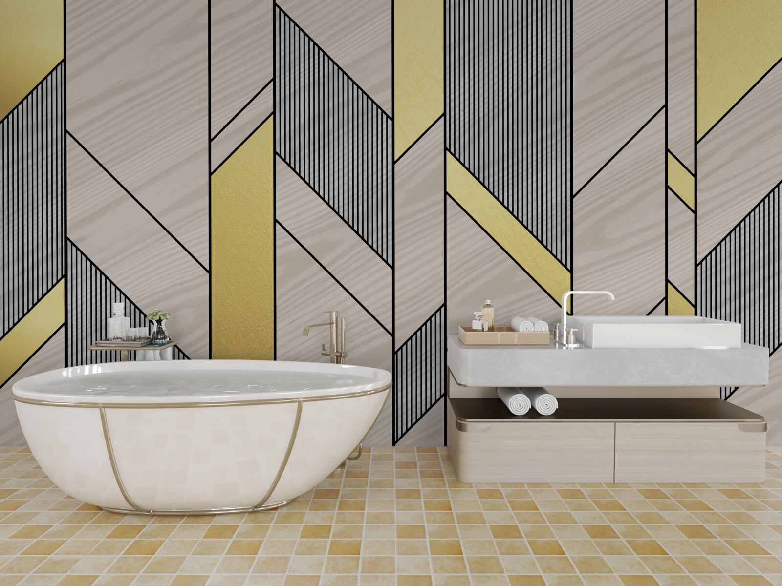 Papier peint lgolines verticales dorées