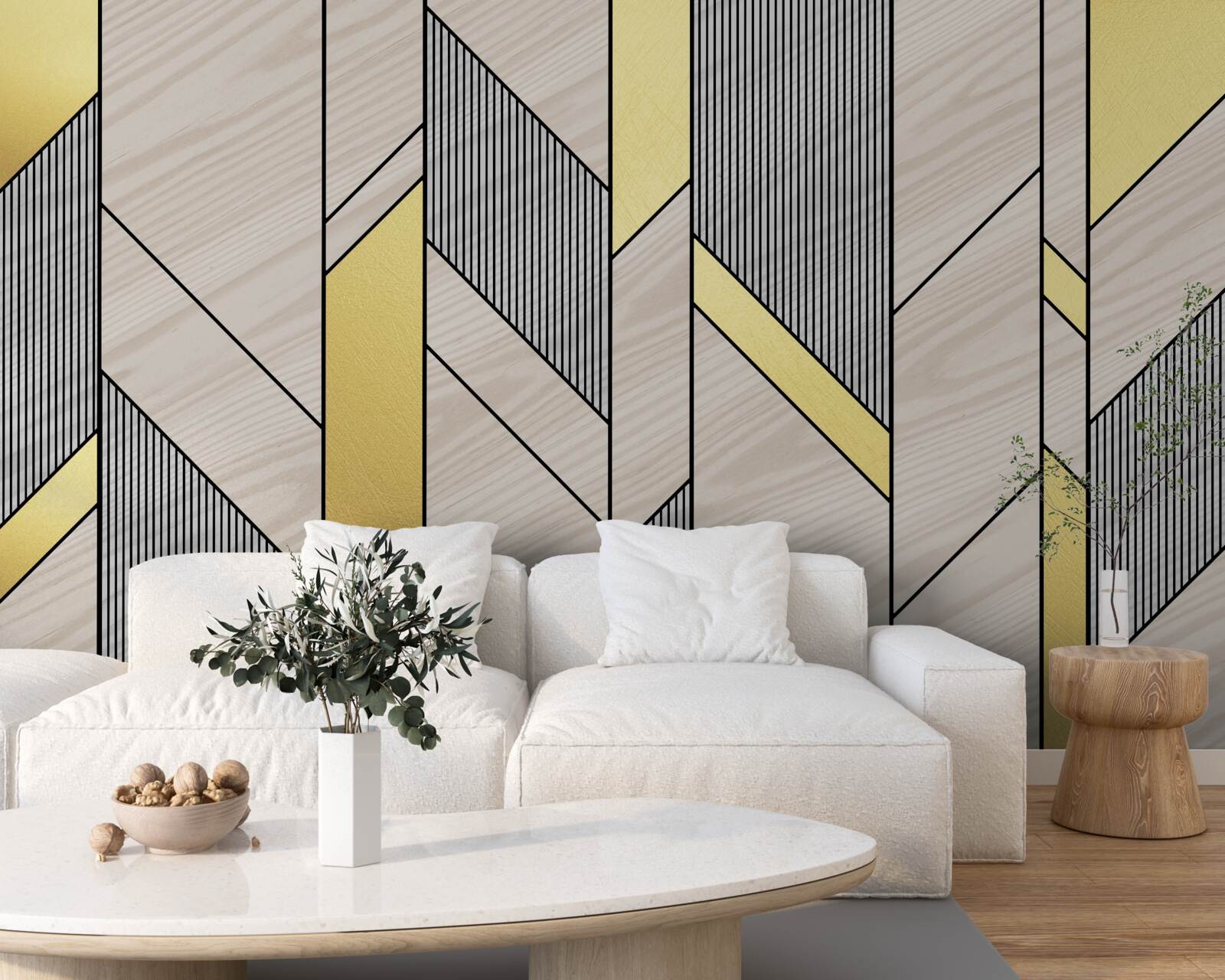 Papier peint lgolines verticales dorées