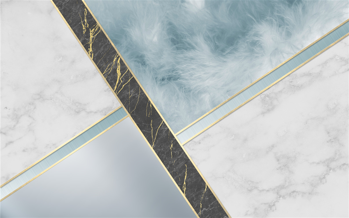 Papier peint marbre dans les tons gris et bleus avec un élément noir