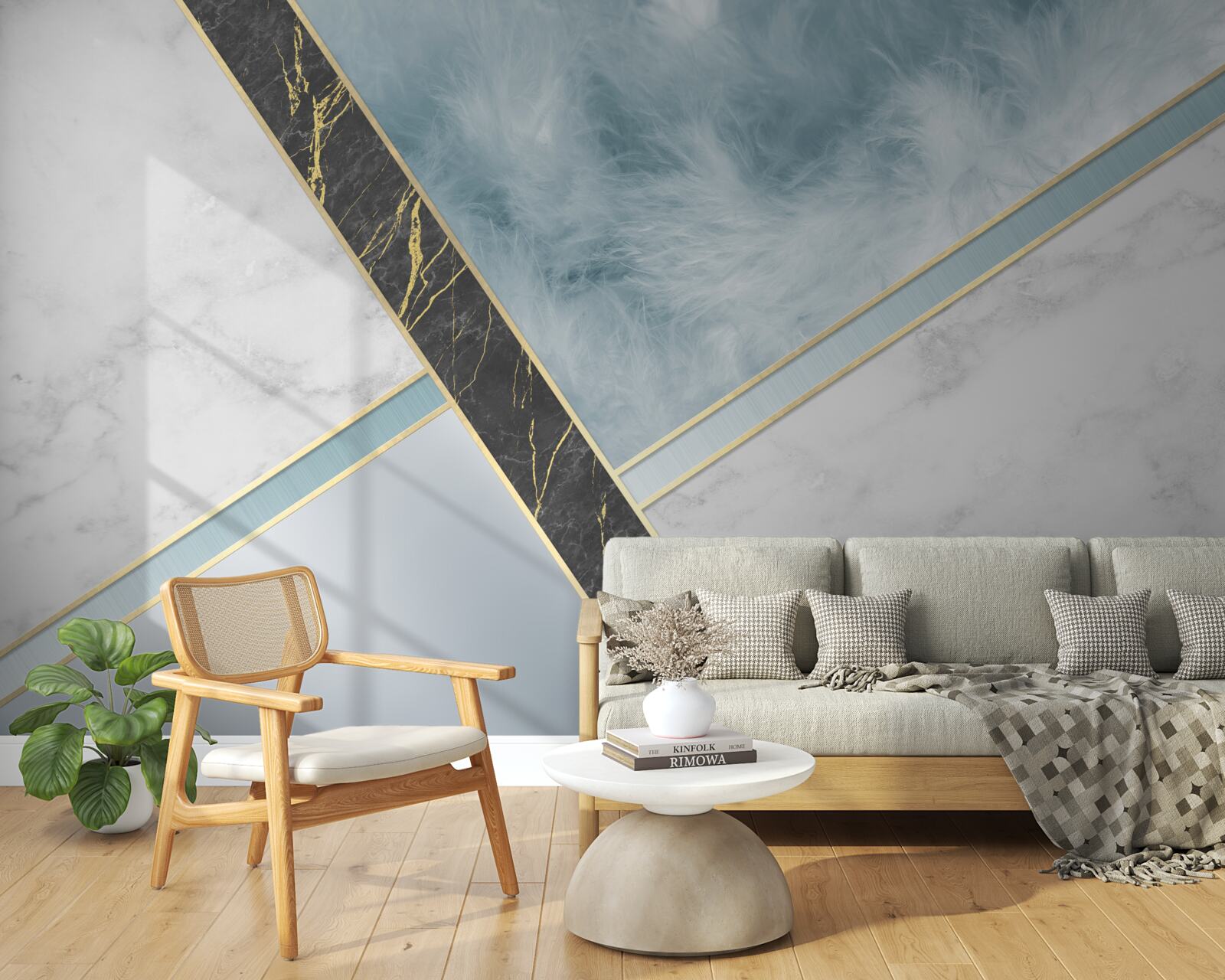 Papier peint marbre dans les tons gris et bleus avec un élément noir