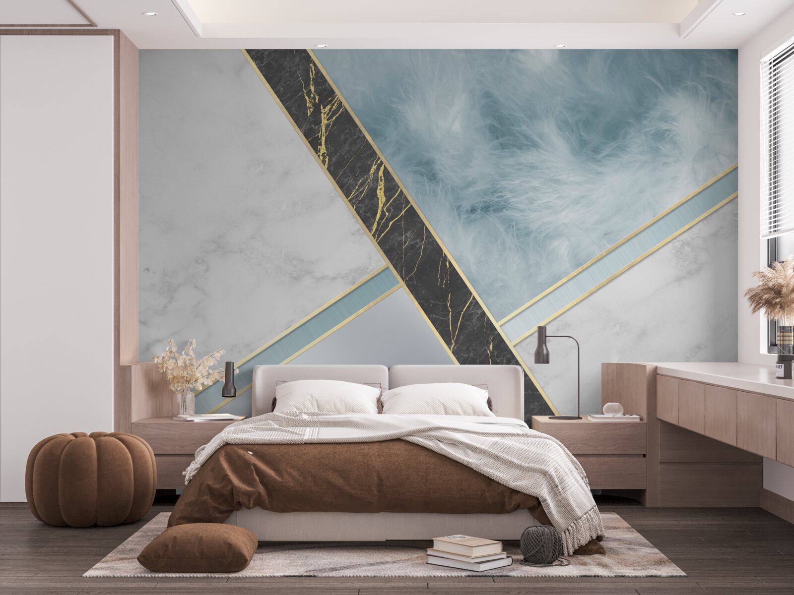 Papier peint marbre dans les tons gris et bleus avec un élément noir