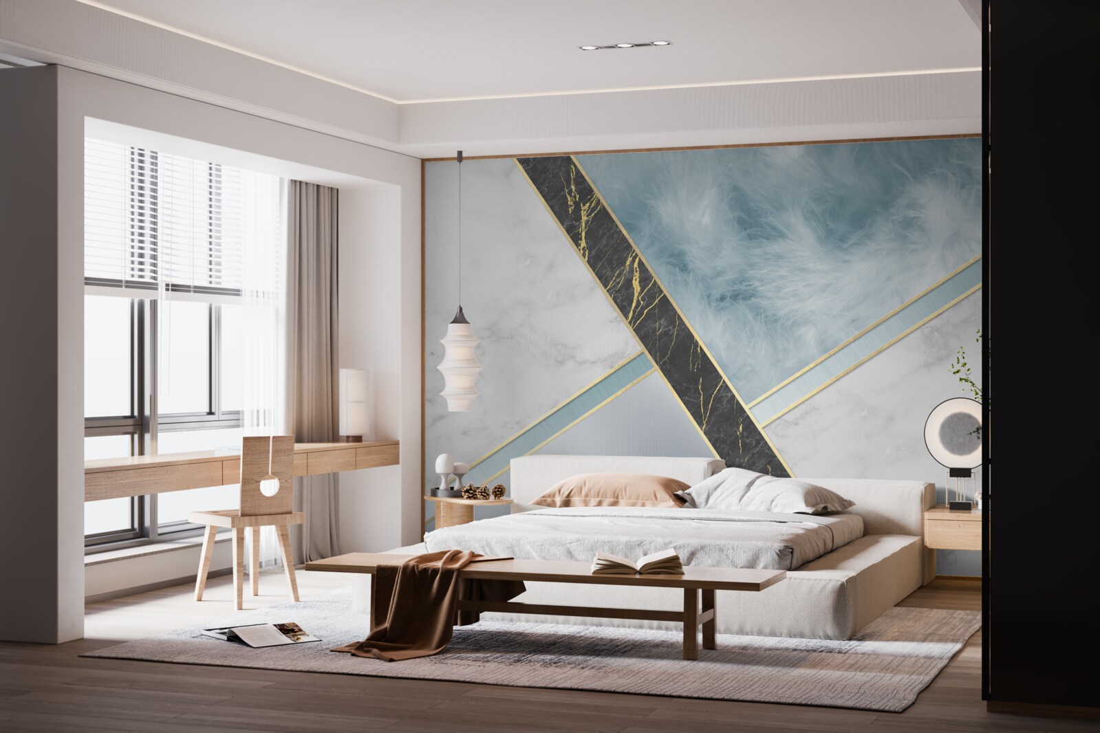 Papier peint marbre dans les tons gris et bleus avec un élément noir