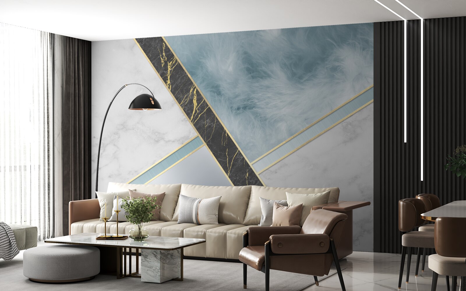 Papier peint marbre dans les tons gris et bleus avec un élément noir