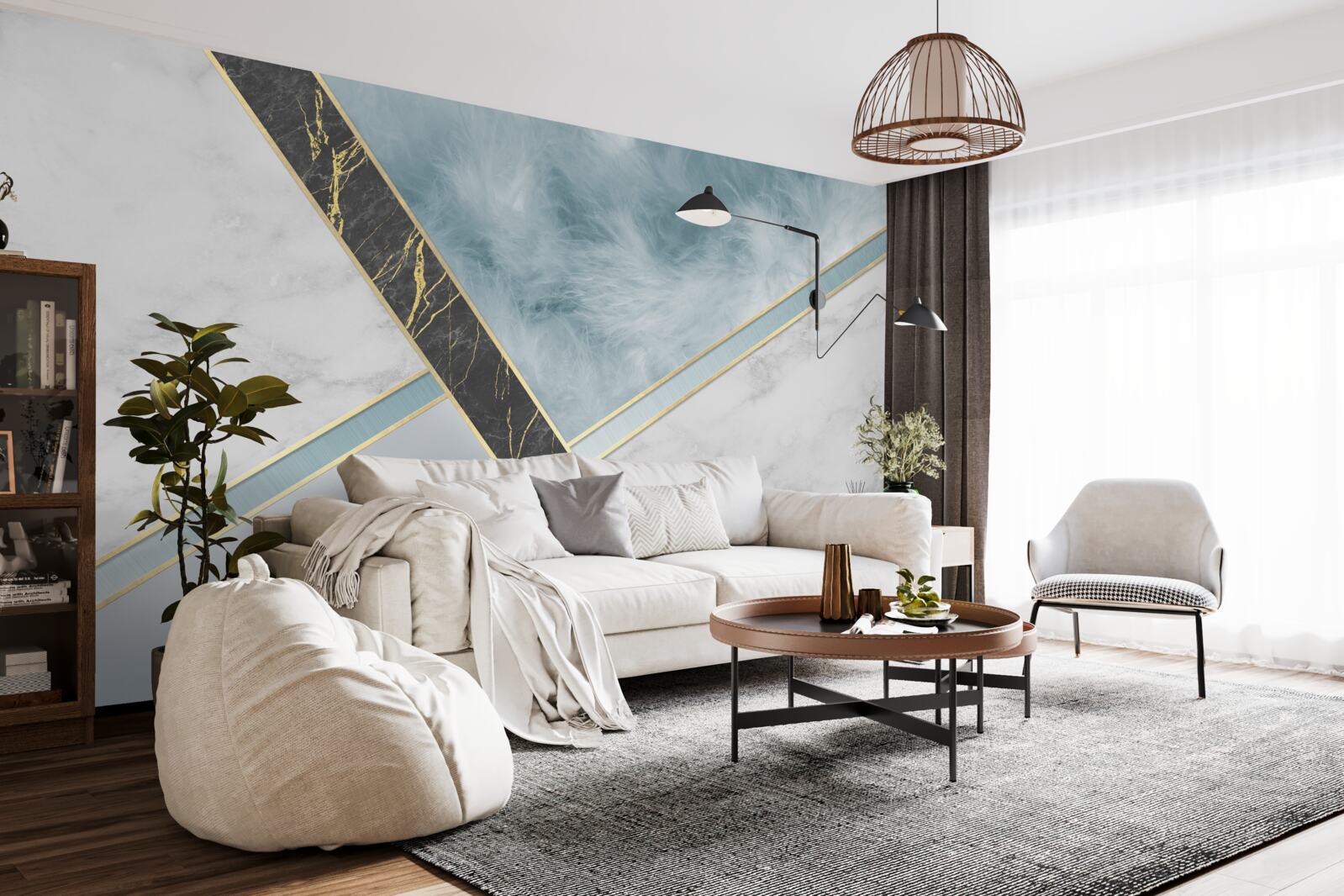 Papier peint marbre dans les tons gris et bleus avec un élément noir