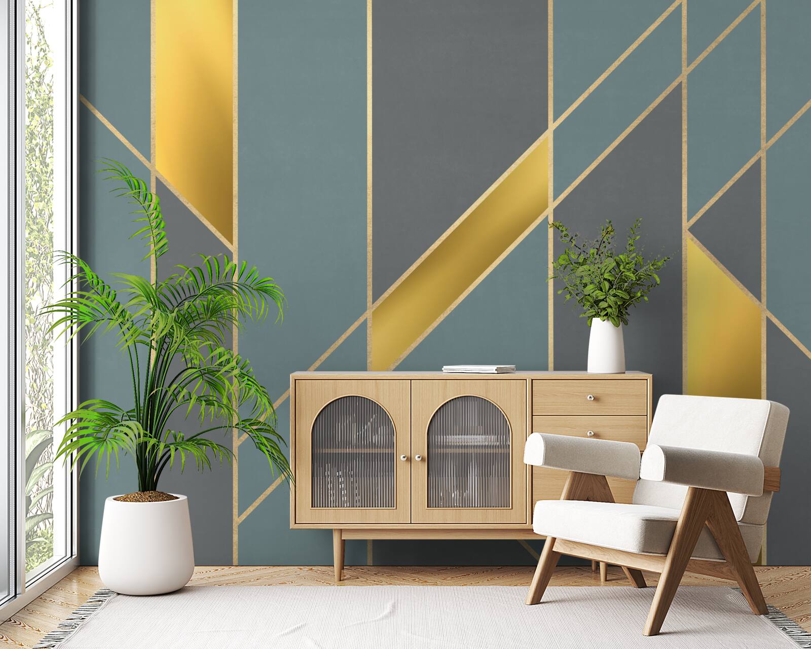 Papier peint figures bleues avec accents dorés