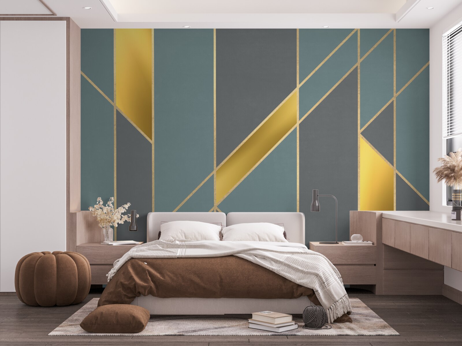 Papier peint figures bleues avec accents dorés