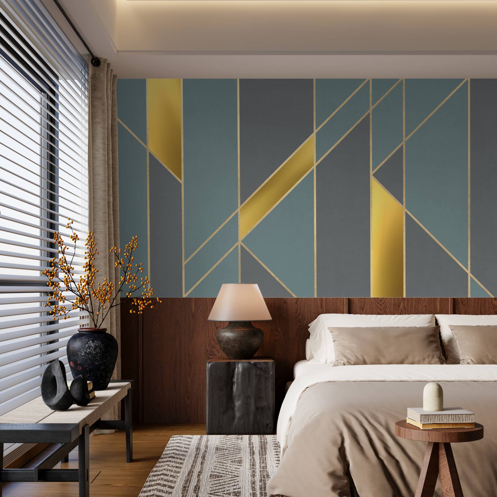 Papier peint figures bleues avec accents dorés