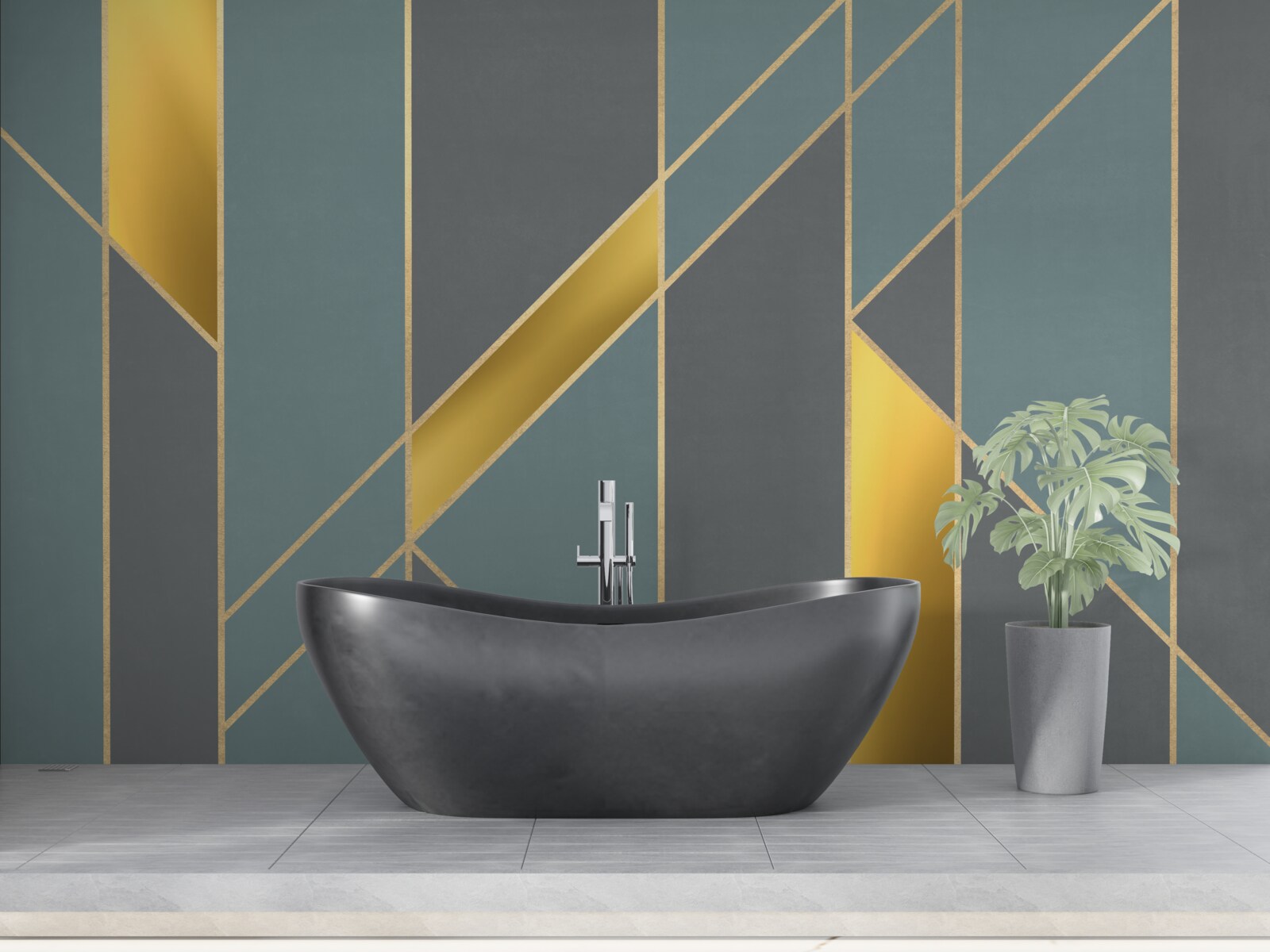 Papier peint figures bleues avec accents dorés