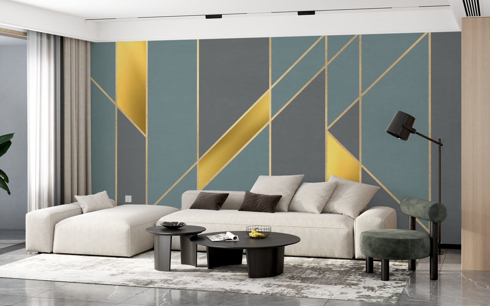 Papier peint figures bleues avec accents dorés