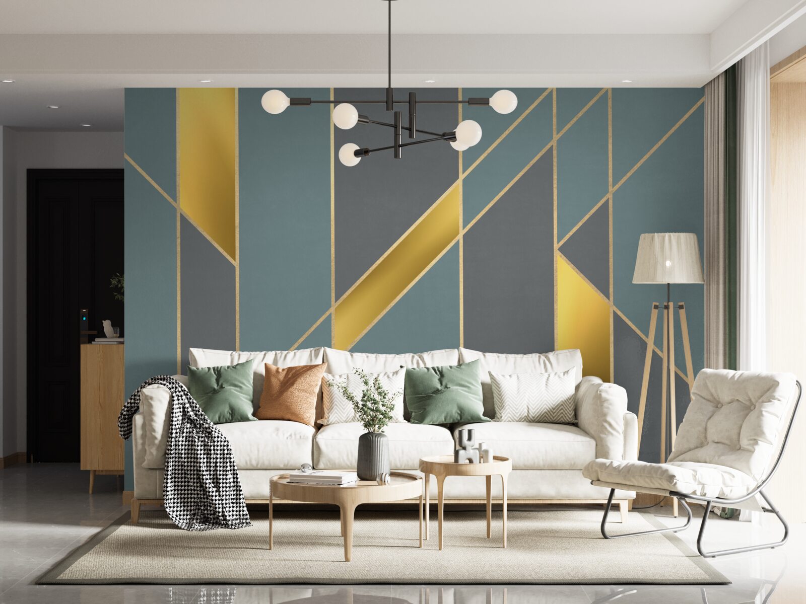 Papier peint figures bleues avec accents dorés