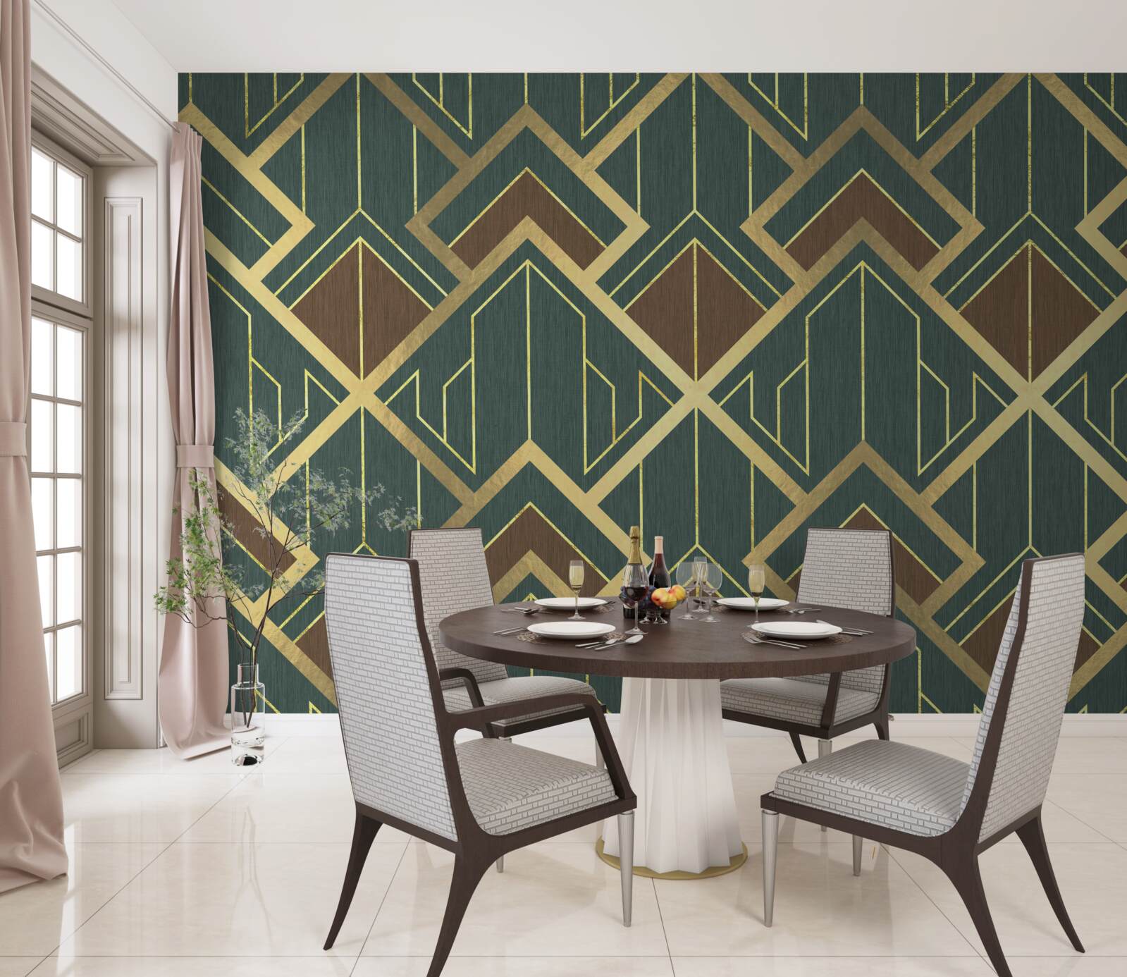 Papier peint un dessin comportant des formes variées et des lignes d'or