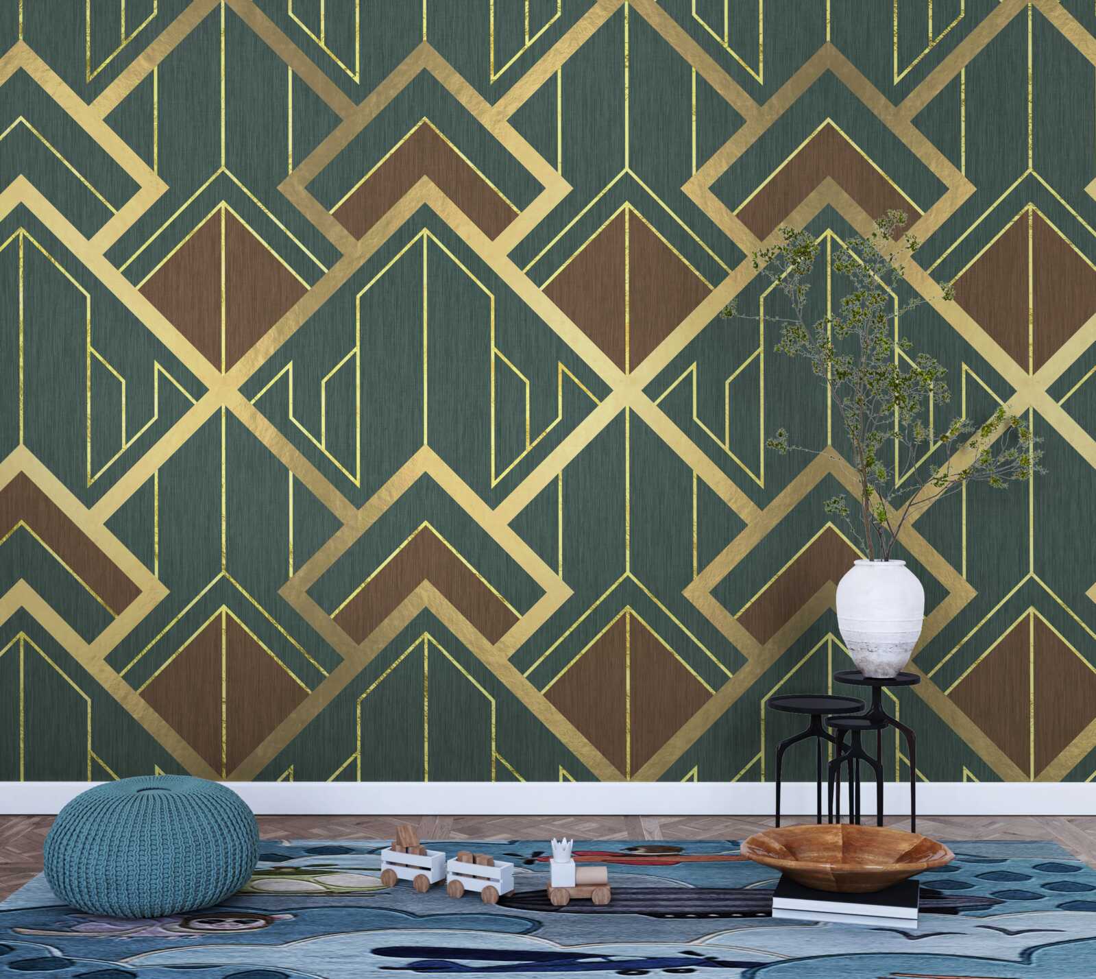 Papier peint un dessin comportant des formes variées et des lignes d'or