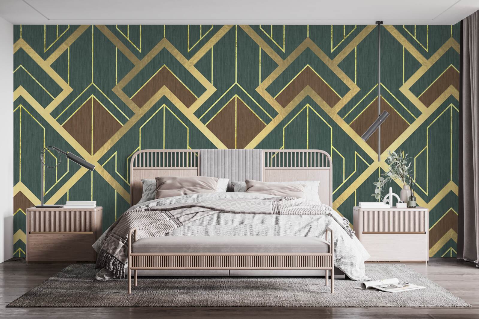 Papier peint un dessin comportant des formes variées et des lignes d'or