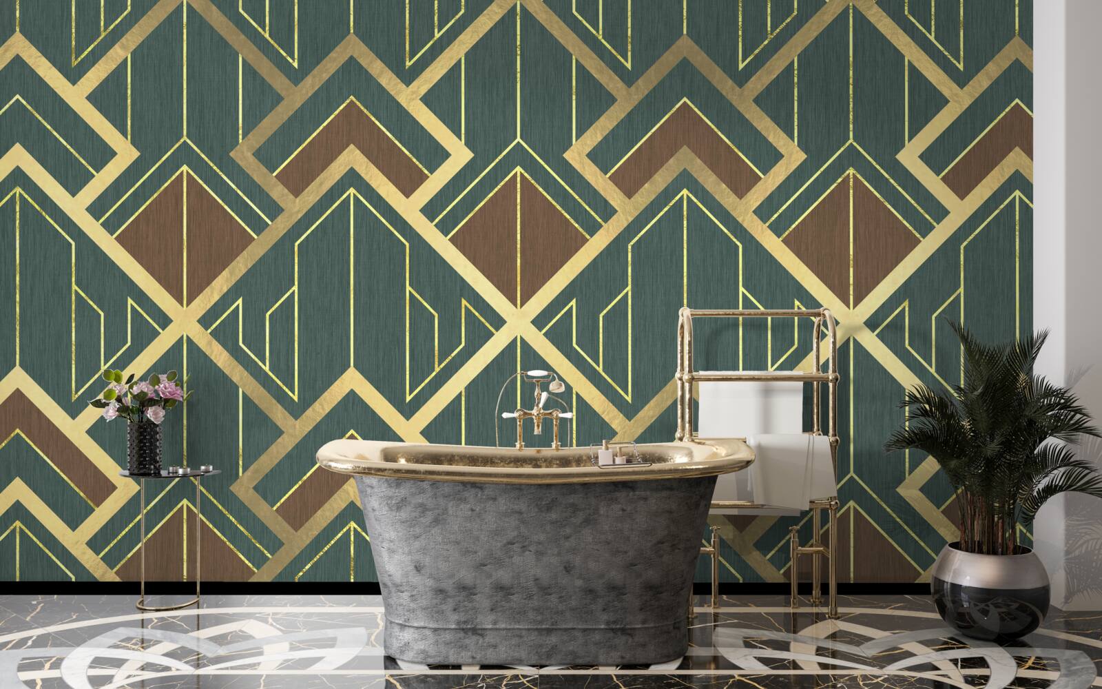 Papier peint un dessin comportant des formes variées et des lignes d'or